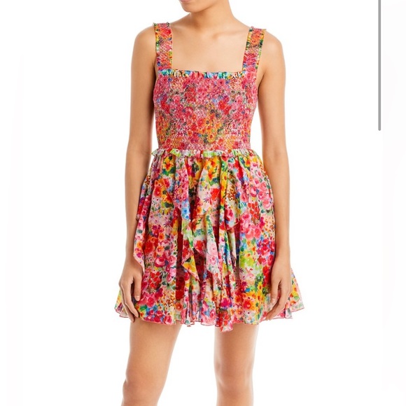 Alice + Olivia Jocelyn Smocked Mini Dress in Garden Floral - Picture 2 of 3